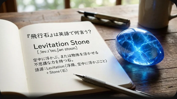 ノートの上に置かれた、内側から青緑色に光る結晶の小石と鉛筆