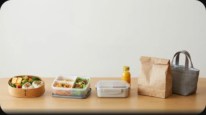 仕切り付きの日本式弁当箱、密閉容器、ステンレス製の箱、保冷バッグ、サンドイッチ入りの紙袋が木のテーブルに並んでいる俯瞰写真