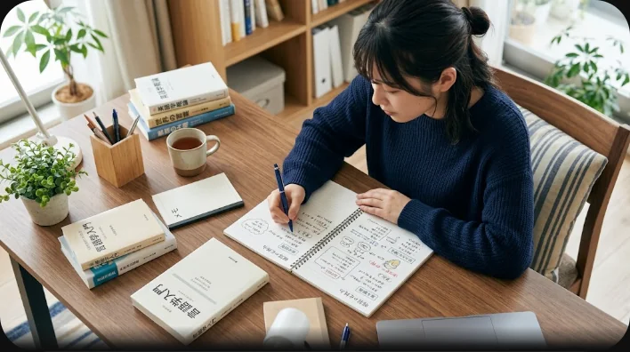 ノート、鉛筆、抽象的なチャット画面のスマートフォン、ティーカップが並ぶ勉強机を真上から撮影した写真