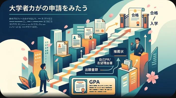 成績表や出願フォームを映したノートパソコンと付箋が並ぶ学習机を真上から見た様子