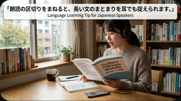 英語の原書を見ながら朗読を聞き、短い一文を声に出す日本人学習者