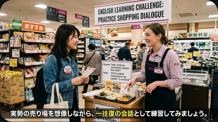英語を使う店内で日本人学習者が店員と買い物会話を練習する様子