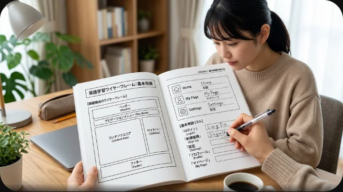 木のテーブルに広げたノートに手書きの単語欄が並び、横のノートパソコンに商品ページの枠組みが表示されている学習机を真上から撮った様子