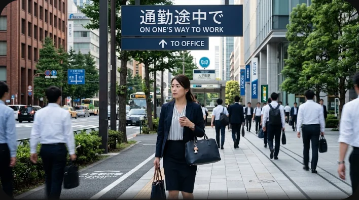 早朝の歩道を駅へ向かって歩く社会人。通勤途中を表す場面