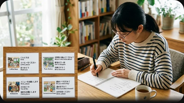 接客英語のフレーズをカードに書き出して覚えている学習者の手元とノート