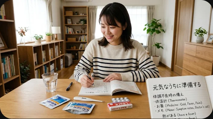 診察室で患者が額に手を当てながら症状を伝え、白衣の医師がメモを取りながら聞いている様子
