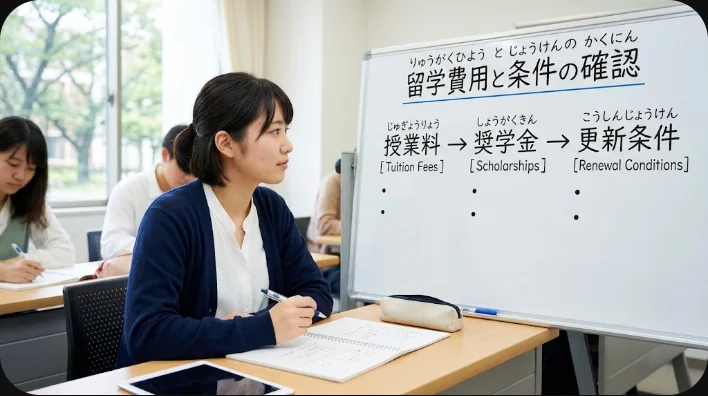 東アジア系の学習者が進路相談室で大学費用について英会話を練習している様子