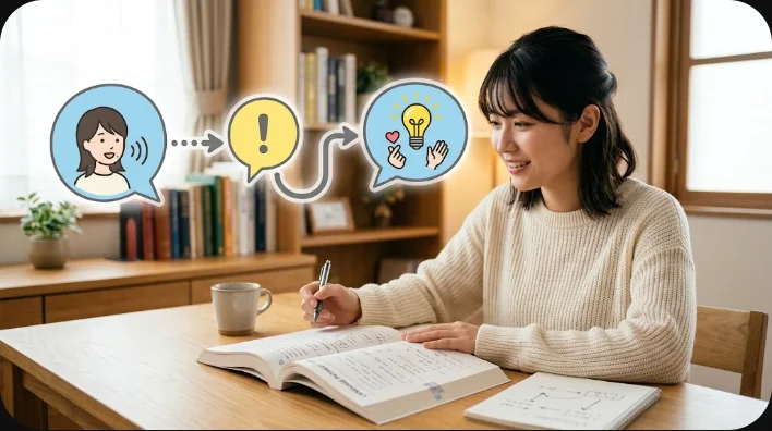 開いたノートに吹き出しと矢印が描かれ、鉛筆と小さな辞書、紅茶のカップが並んだ机を真上から撮った写真