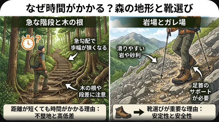 苔とシダに覆われた石灰岩のくぼみと、岩の間を下る狭い石段が続くパズルウッドの内部