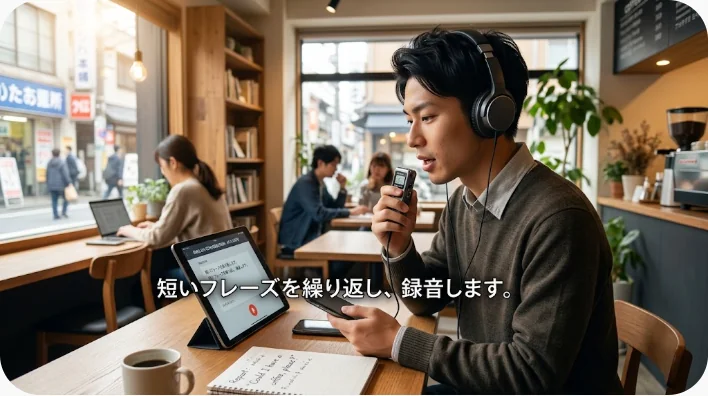 ノートとスマートフォンを使って英語の音読と録音に取り組む日本人学習者