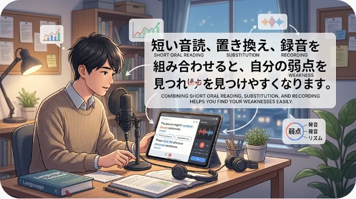 自宅で動物カードを見ながら英会話を音読し録音する日本人学習者