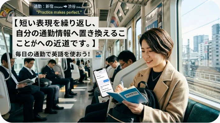 電車でイヤホンとノートを使い通勤英語を復習する日本人学習者