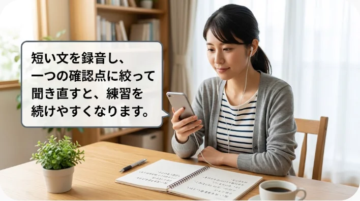 自宅で友達についての英語スピーチをスマートフォンへ録音している学習者