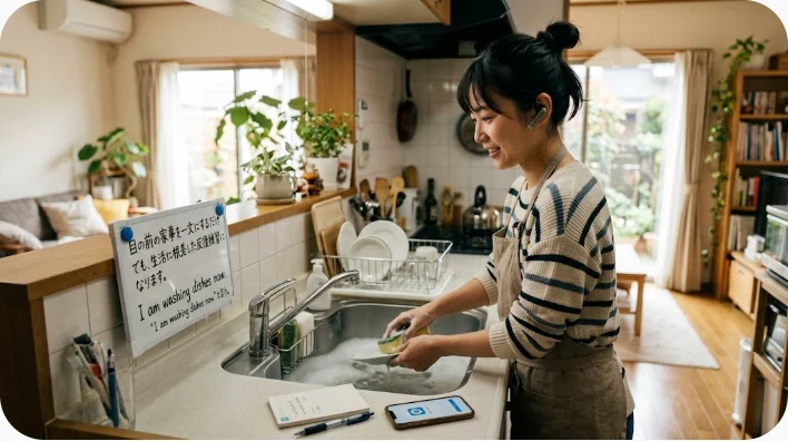 整ったキッチンで家事リストを確認しながら英語を練習する学習者