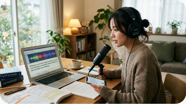 自宅で休日の予定を表す英文を録音して練習する日本人学習者