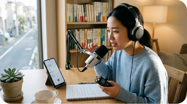 スマートフォンの録音機能と鏡を使って英語の励まし表現を音読する成人学習者