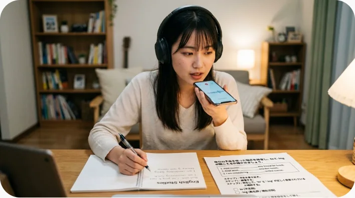 日本人の英語学習者が自宅でノートと録音機能を使いlook forward toの例文を音読している様子