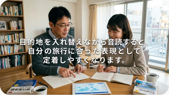 日本人英語学習者が旅行前にスマートフォンとノートでバス英会話を練習している様子