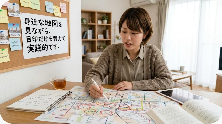 日本人英語学習者が自宅でノートと手描き地図を使って場所の英語表現を音読している様子