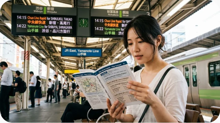 英語学習者が自宅の机で路線図とノートを使って電車の英語表現を音読している様子