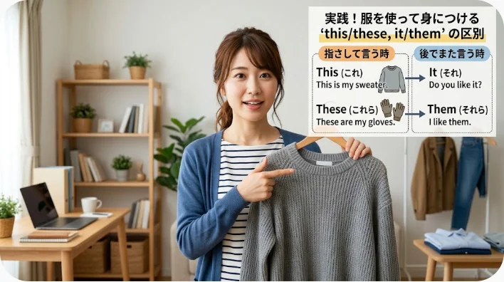 衣類とノートと旅行かばんを使って買い物英語を音読練習する成人学習者