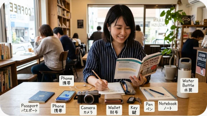 玄関で財布やカードを確認しながら英語フレーズを練習する日本人学習者