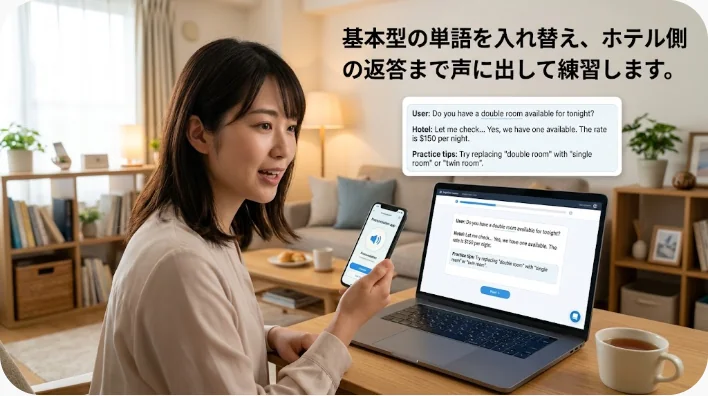 旅行前にホテルの英語フレーズを声に出して練習する学習者