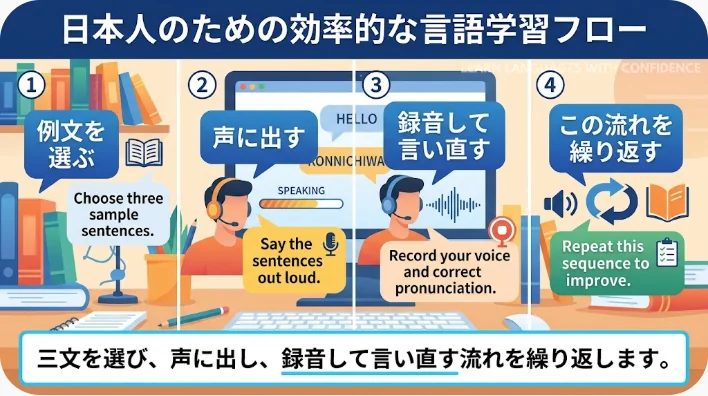 自宅で花粉症の短い英語フレーズをノートと録音機能を使って練習する学習者