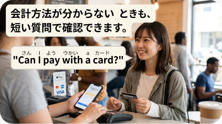 海外レストランで食事を終えた旅行者が店員に会計を頼んでいる場面