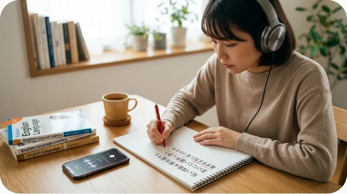 オンライン英会話の後にノートと録音機能を使って音読練習をする日本人の成人学習者