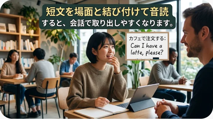 机で雨に関する短い英語フレーズを音読する東アジア系の成人学習者の画像
