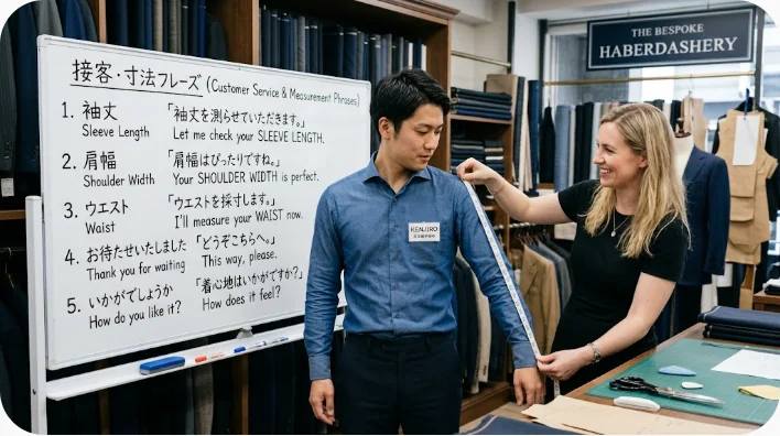 手持ちのシャツを測りながら洋服店の英語フレーズを音読する学習者