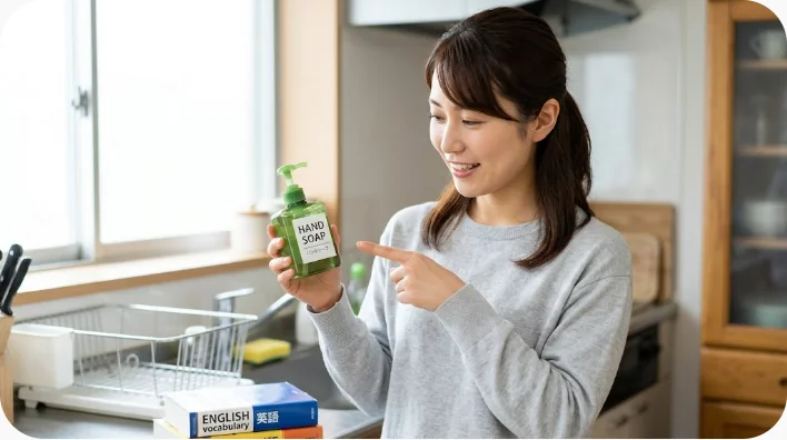 自宅で手持ちの化粧品と単語カードを使って英語の買い物会話を練習する学習者