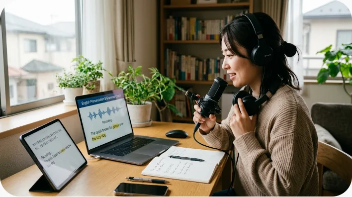 英語学習者が日課の英文をカードに書き、スマートフォンで録音しながら音読している様子
