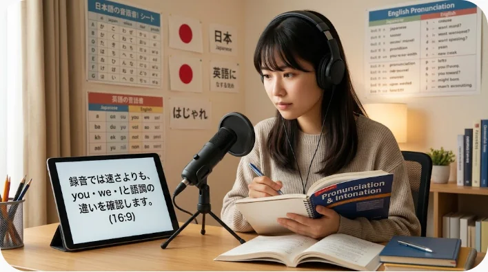 自宅でスマートフォンへ英語の短い会話表現を録音する成人学習者