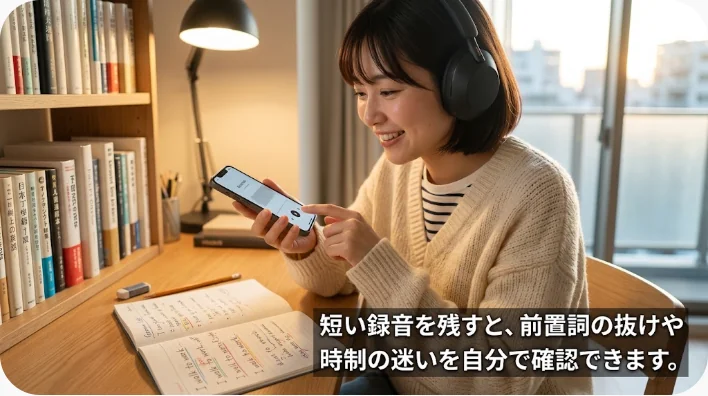 スマートフォンに英語の発音を録音しながらフレーズカードを復習する日本人の成人学習者
