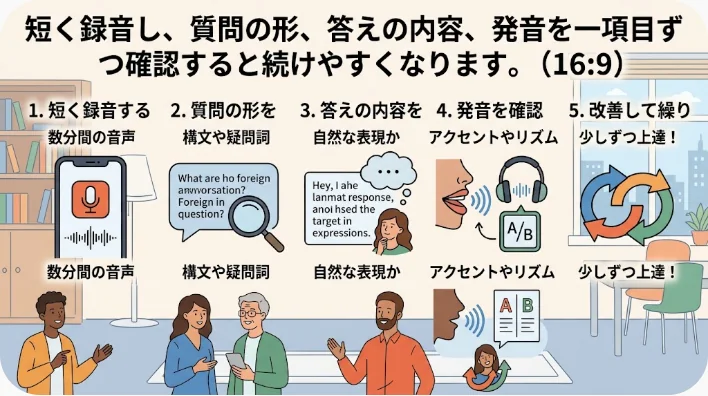 家族写真と録音用スマートフォンを使って英語の人物紹介を練習する日本人学習者