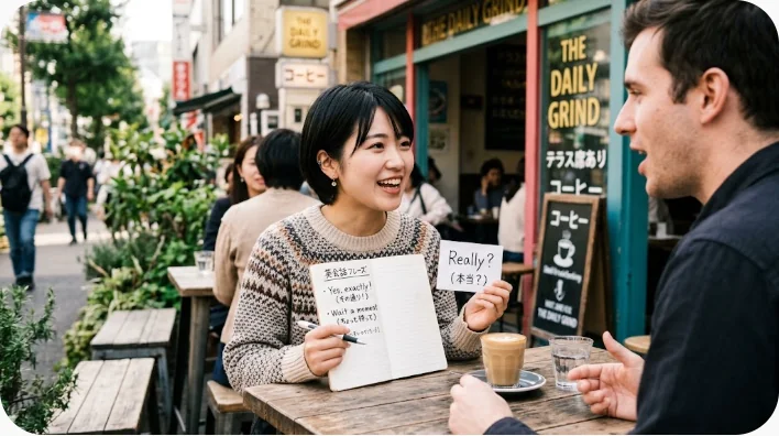 公園で季節の英会話を声に出して練習する日本人学習者