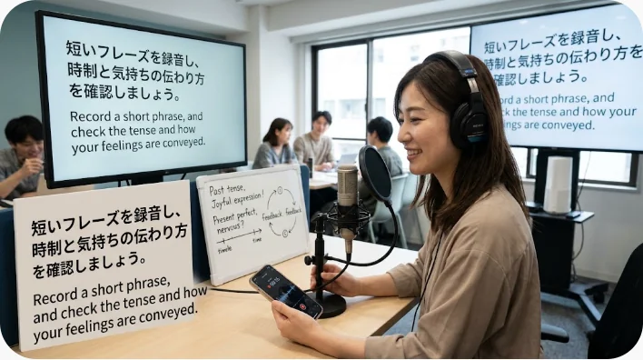 スマートフォンで録音しながら誕生日に関する英語フレーズを音読する成人学習者