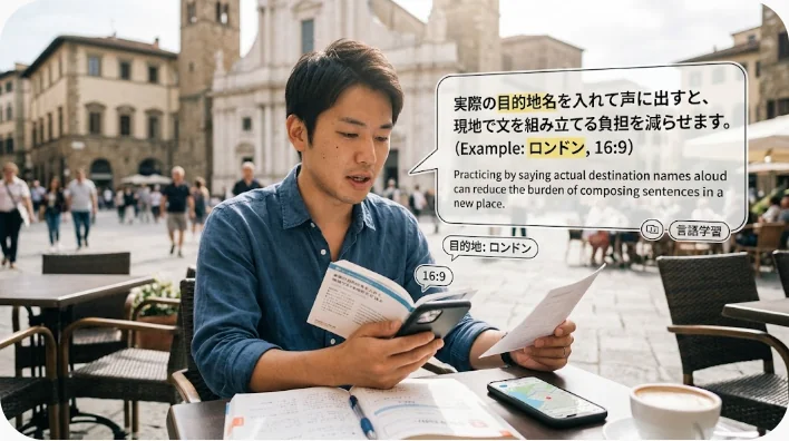 旅行前にホテルのラウンジでバス英語をノートとスマートフォンを使って練習する学習者