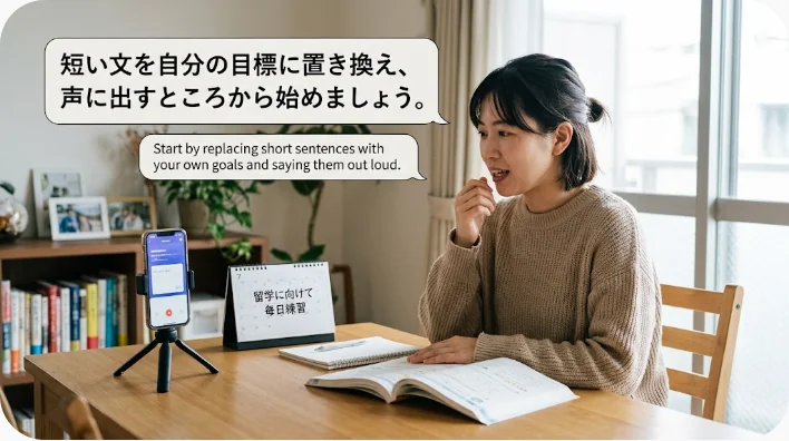 日本人の成人学習者が自宅で資格学習の教材を開き英語フレーズを音読している場面