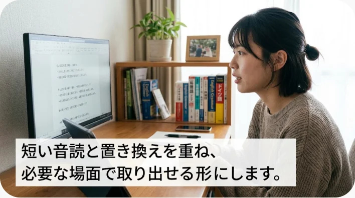 机でお使いに関する英語フレーズを音読し録音する成人学習者