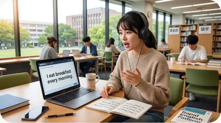 鏡の前で短い英会話を声に出して練習する日本人の成人学習者