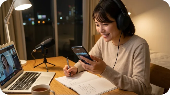 スマートフォンの録音機能を使って英語の断り表現を音読する成人学習者