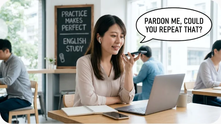コピー機のそばで実用英語フレーズをノートに復習する学習者