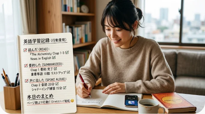 週間の英語リーディング習慣表へチェックを付ける夜の学習風景