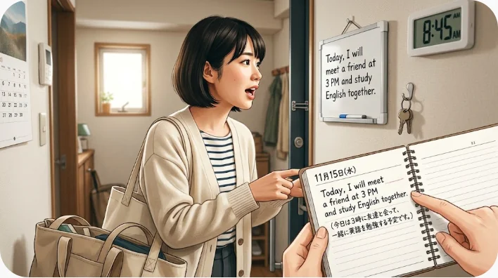 駅でスーツケースをそばに置き帰省の英語フレーズを音読する日本人学習者