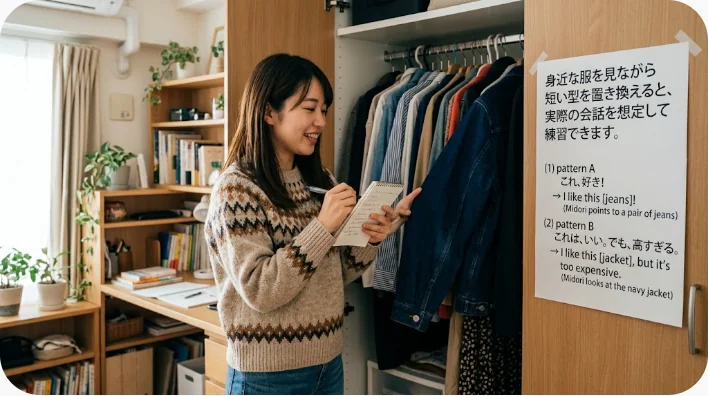 自宅でカードと鏡を使い洋服を褒める短い英語表現を練習する成人学習者