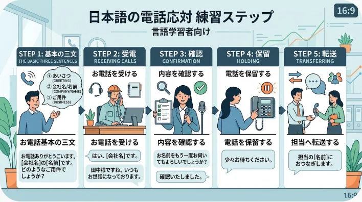 電話のそばで短い英語フレーズカードを読み上げて録音練習する日本人の成人学習者