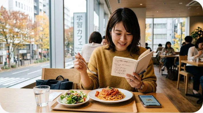 家庭料理のそばで短いレストラン英語を声に出して練習する学習者